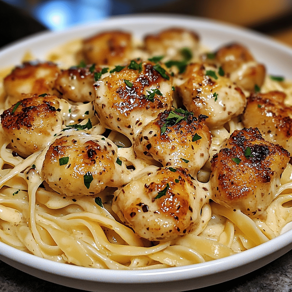 Garlic Butter Chicken Bites With Creamy Parmesan Pasta